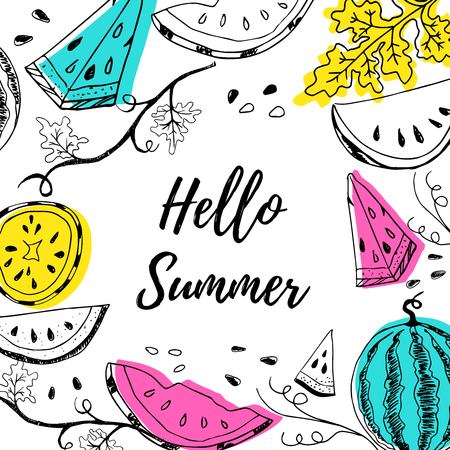 Hello summer inspirational motivation postcard lettering Summer party flyer or banner concept template. Whole, parts and seeds.のイラスト素材