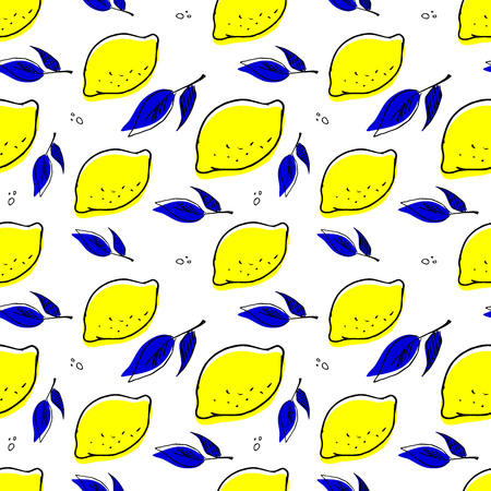 Seamless citrus lemon hand drawn pattern vector illustration isolated on white background. Fruit printのイラスト素材
