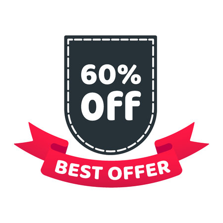 Best offer 60% off ribbon ribbon badge sale template concept vector illustration isolated on white background. Web banners elements for website and advertising. Discount ribbon label design.のイラスト素材
