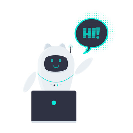 Robot chatbot icon sign flat style design vector illustration isolated on white background. Cute AI bot helper mascot character concept business assistant. Chat bot say hi behind laptop!のイラスト素材