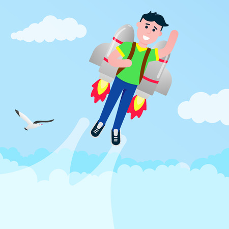 Boy flying with a rocket jetpack like a super hero pilot flat style design vector illustration. Young male person with flaming jetpack on his back.のイラスト素材