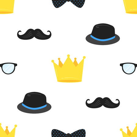 Seamless pattern with mustaches, golden crown, hat and eyeglasses. Flat style design vector illustration. Black mustaches isolated on white background. Father; 's day celebrating symbols.のイラスト素材