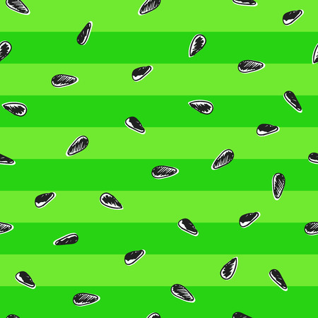 Seamless pattern with hand drawn watermelon's seeds vector illustration. Summer, bright, party fabric texture with seeds on isolated pink background.のイラスト素材
