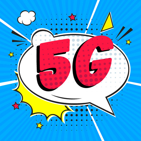 5G new wireless internet wifi connection wifi connection speech bubble exclamation 5g flat style design vector illustration isolated on rays background. New mobile internet 5g sign icon in balloon.のイラスト素材