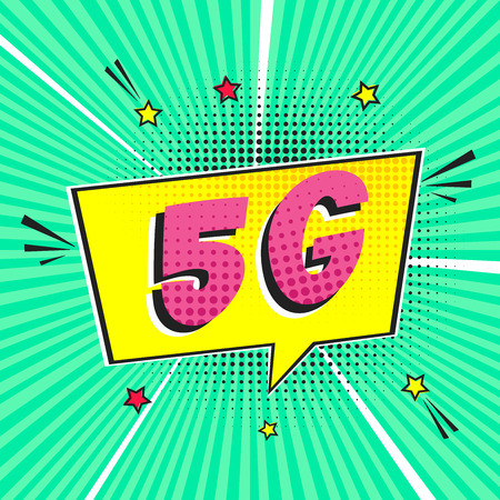 5G new wireless internet wifi connection wifi connection speech bubble exclamation 5g flat style design vector illustration isolated on rays background. New mobile internet 5g sign icon in balloon.のイラスト素材