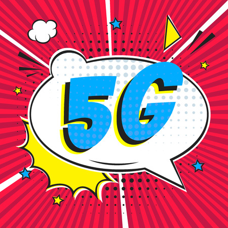 5G new wireless internet wifi connection wifi connection speech bubble exclamation 5g flat style design vector illustration isolated on rays background. New mobile internet 5g sign icon in balloon.のイラスト素材