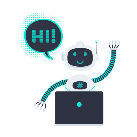Robot chatbot icon sign flat style design vector illustration isolated on white background. Cute AI bot helper mascot character concept symbol business assistant. Chat bot say hi behind laptop!のイラスト素材