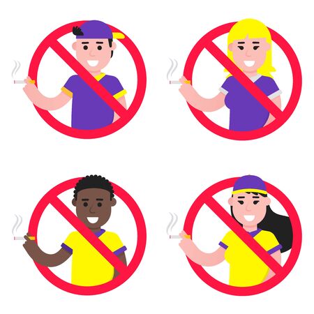No smoking sign with standing people set Forbidden sign icon isolated on white background vector illustration. Boy smokes cigarette, red prohobition circle isolated on white background.のイラスト素材