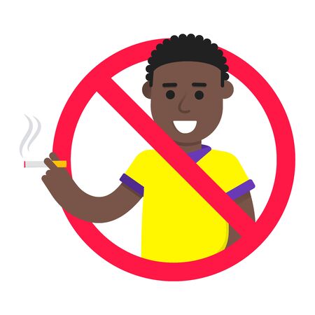 No smoking sign with standing male boy. Forbidden sign icon isolated on white background vector illustration. Boy smokes a cigarette, a red prohibition circle isolated on a white background.のイラスト素材