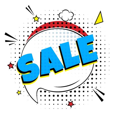 Comic lettering SALE! in the speech bubble comic style flat design. Dynamic retro vintage pop art illustration isolated on white background. Exclamation SALE! Sticker or label for store or shop.のイラスト素材