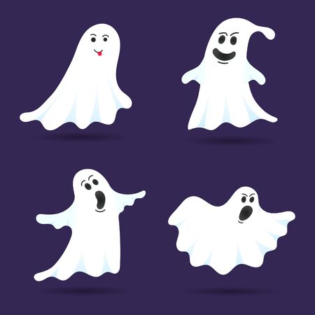 4 cute ghost characters flat style design vector illustration set isolated on dark background. Halloween boo spooky symbol flying above the ground.のイラスト素材
