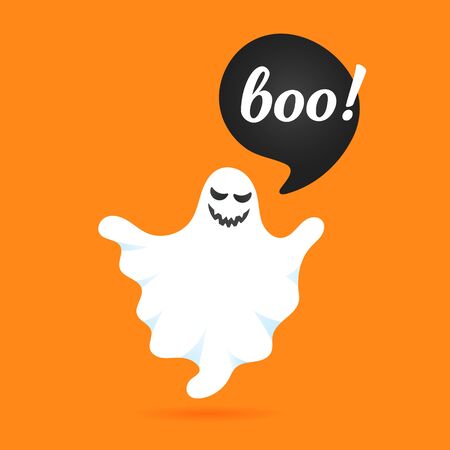 Flying halloween funny spooky ghost character say BOO with text space in the speech bubble vector illustration isolated on orange backgroundのイラスト素材
