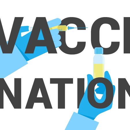 Doctor vaccinating patient with shot of vaccine by syringe, sharp needle and text vaccination concept for hospitals and human healthcare flat style vector illustration isolated on white background.のイラスト素材