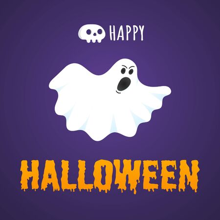 Happy Halloween text postcard banner with ghost scary face, human scull and text happy halloween isolated on dark background flat style design.のイラスト素材