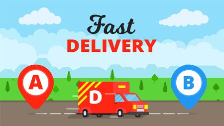 Fast delivery truck service on the road. Pins and stripes vector illustration isolated on blue background. Symbol of delivery company.のイラスト素材