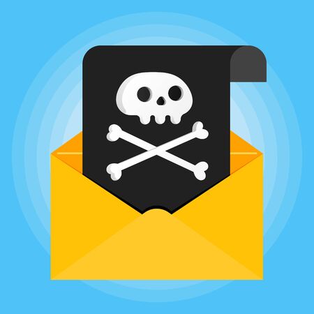 Paper sheet with human scull on it and envelope icon sign flat style design isolated on light blue background vector illustrationのイラスト素材