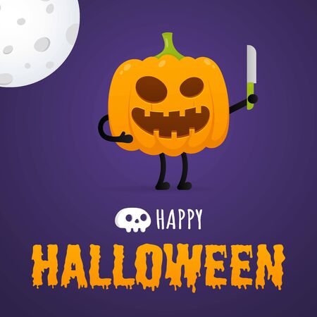 Happy halloween poster with pumpkin scary face expression grimace and knife in the hands standing up flat style design vector illustration isolated on dark background. Text happy halloween with scull.のイラスト素材