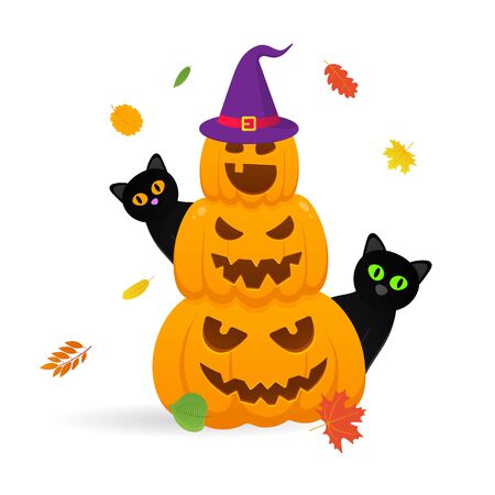 Pile of orange halloween pumpkins set with scary faces expression grimace. Autumn leaves with witch hat and black cats behind flat style design vector illustration isolated on white background.のイラスト素材