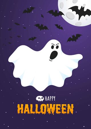Happy Halloween text postcard banner with ghost scary face, night sky, moon, flying bats and text happy halloween isolated on dark background flat style design.のイラスト素材