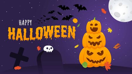Happy halloween pumpkins with scary faces expression grimace, with moon, bats, graves and human scull flat style design vector illustration isolated on dark background and text.のイラスト素材