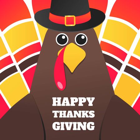 Happy thanksgiving day flat style design poster vector illustration with turkey, text and autumn...