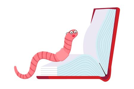 Cartoon style earthworm with book and glasses vector illustration isolated on white background. Funny worm with glasses read a book.のイラスト素材