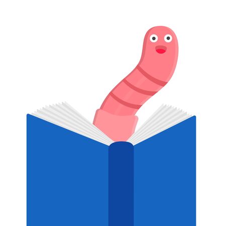 Cartoon style earthworm with book and glasses vector illustration isolated on white background. Funny worm with glasses read a book.のイラスト素材