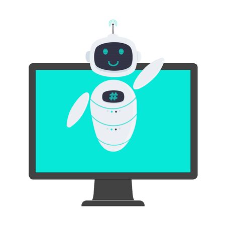 Robot chatbot icon sign flat style design vector illustration isolated on white background. Cute AI bot helper mascot character concept business assistant on the all-in-one pc monitor.のイラスト素材