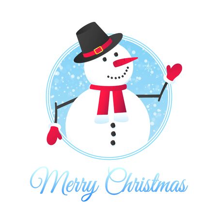 The snowman with hat, gloves, with falling snow flat style design vector illustration. Merry christmas and happy new year symbols postcard with text.のイラスト素材