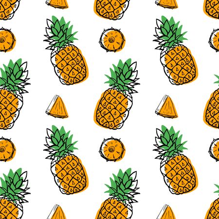 Seamless hand drawn pineapple fruit pattern, berry with color shapes vector illustration isolated on white background. Whole, parts, leaves sketch style collection. Fresh and tasty!のイラスト素材