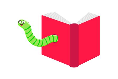 Worm with book cartoon character icon sigh. Worm with face expression smilling pop up above the book flat style design vector illustration. Crawling animal creature.のイラスト素材