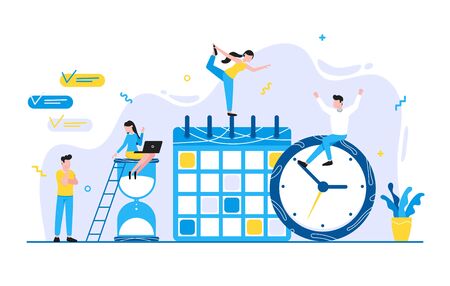 Tiny people characters working together with calendar schedule and fill out task on week schedule. Teamwork and time management concept flat style design vector illustration isolated white background.のイラスト素材