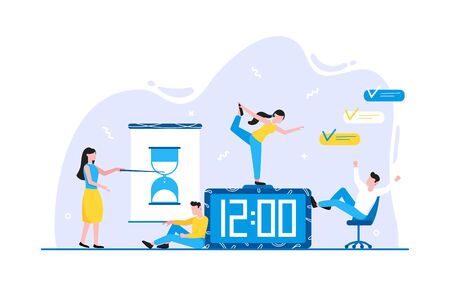 Tiny people characters working together with calendar schedule and fill out task on week schedule. Teamwork and time management concept flat style design vector illustration isolated white background.のイラスト素材