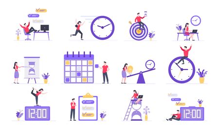 Effective Planning time management business concept set. Business people characters, flat style clipart for web banners isolated on white background with time symbols business elements.のイラスト素材