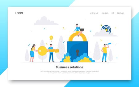 Business internet landing page concept template. Creative business people characters working together with big lock and key. Key to business success teamwork concept flat style vector illustration.のイラスト素材