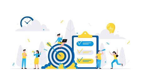 Teamwork concept with tiny people characters working together with big target and tiny people characters. Teamwork and time management concept flat style design vector illustration isolated white.のイラスト素材