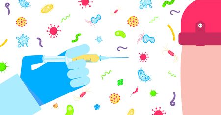 Kid vaccination banner concept flat style design poster. Hand with syringe and vaccine. Medical awareness flu disease day banner and vaccination kids concept.のイラスト素材