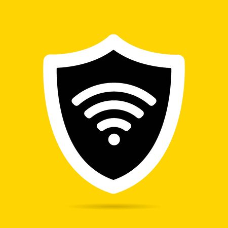 Wireless shield wifi icon sign flat design vector illustration. Wifi internet signal symbols in the security shield isolated on yellow background.のイラスト素材
