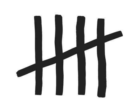 Five tally marks on white board hand drawn dirty art style vector illustration.