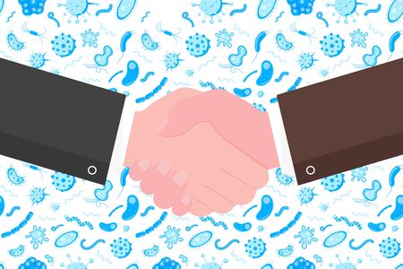 Two mtn shaking hands flat style design vector illustration. Danger greeting, handshaking agreement isolated on background viruses and bacterias on it.のイラスト素材