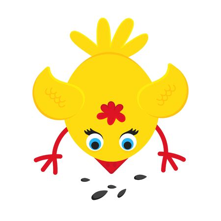 Cute funny little chick chiken hen cartoon flat style design vector illustration isolated on white background. Funny yellow chicken standing up on the ground.のイラスト素材
