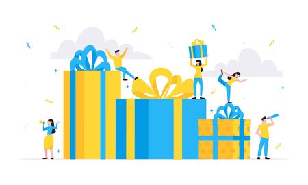 Online reward flat style design vector illustration business concept. Big gift boxes and tiny people standing up and shouting out to the people. Presents for new costomers and refer a friends.のイラスト素材