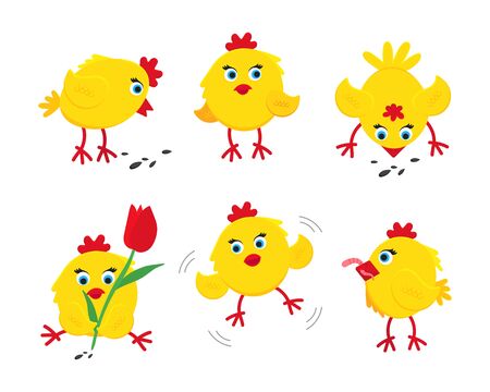 6 cute funny little chick chiken hen cartoon flat style design vector illustration set isolated on white background. Funny yellow chicken standing up on the ground.のイラスト素材