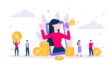 Loyalty program flat style design vector illustration concept. Woman with megaphone loud speaker standing up in the smartphone and shout out to the people. Refer a friend program.のイラスト素材