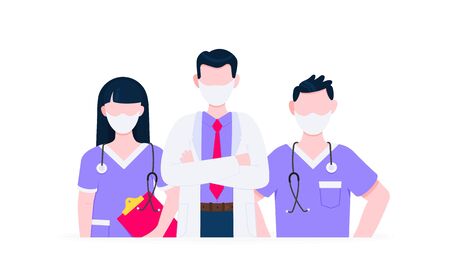 Successful team of medical employee doctors with face masks vector illustration isolated on white background. Three hospital or medic clinic staff doctors standing up with equipment.のイラスト素材