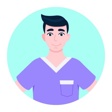Doctor avatar character standing in the circle flat style design vector illustration isolated on white background. Medical clinic hospital staff employee icon.のイラスト素材