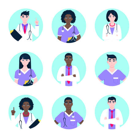 Doctor avatar character standing in the circle flat style design vector illustration isolated on...