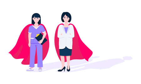Two doctors with hero cape behind hospital medical employee fight against diseases and viruses on frontline flat style design vector illustration. Doctor physician medical clinic staff new hero.のイラスト素材