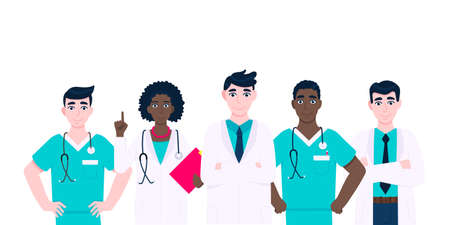 Medical staff doctors team with face masks clinic employee vector illustration isolated on white background. Hospital or medical clinic staff doctor, surgeon, nurse standing up with equipment.のイラスト素材