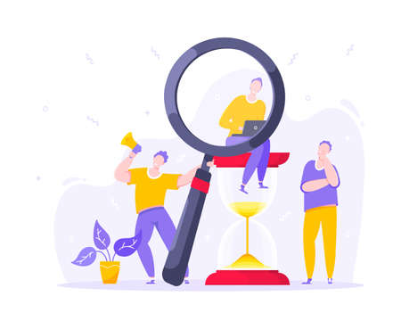 Time managemet business concept metaphor. Tiny persons with megaphone and magnifying glass. Work...